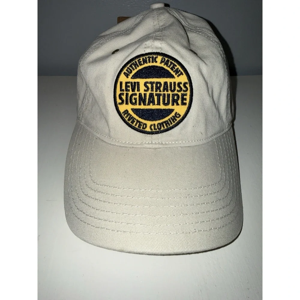 Vtg Levi Strauss Signature Hat Levis Baseball Cap Tan Leather Strap Back Adjusts